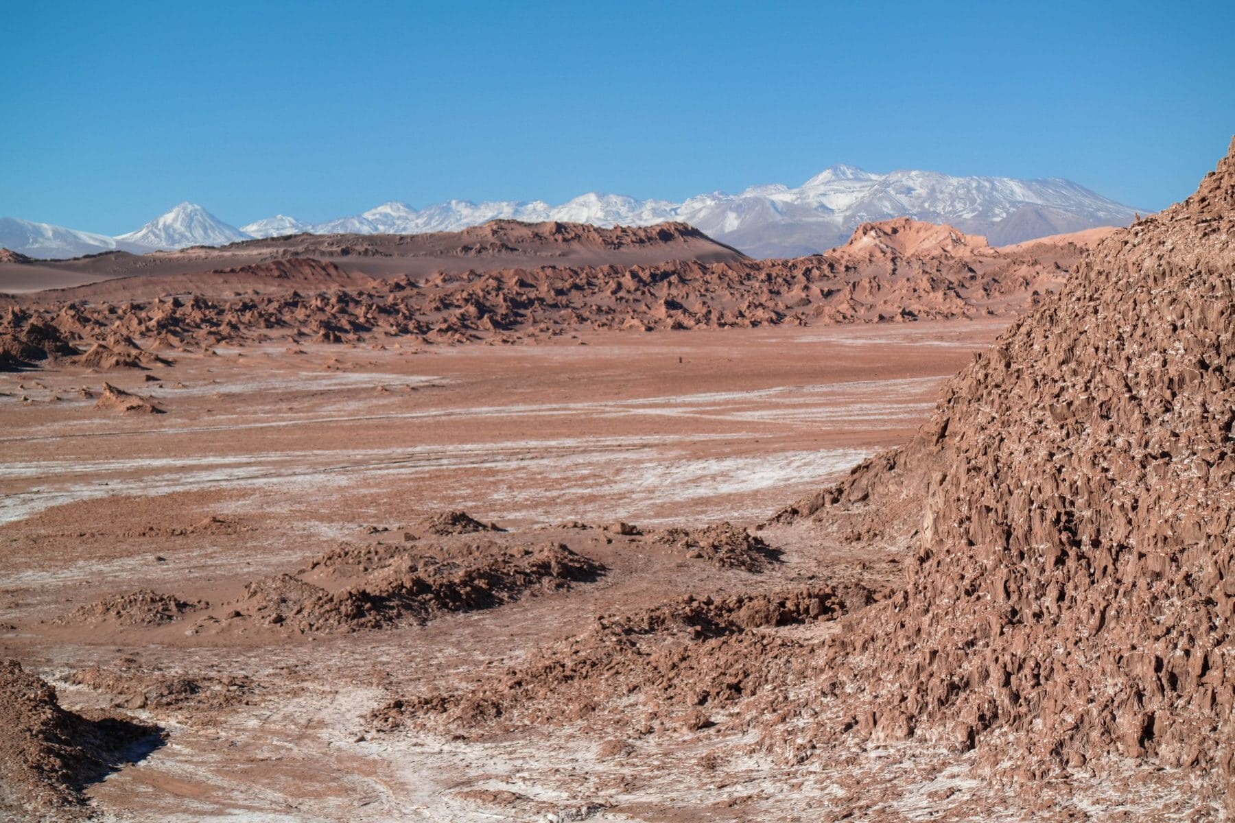 Red rock formations in the Cordillera de la Sal in the Atacama Desert.